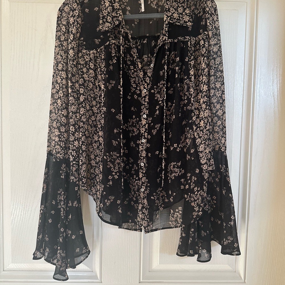 Free People Black and White Asymmetrical Bell Sleeve Top